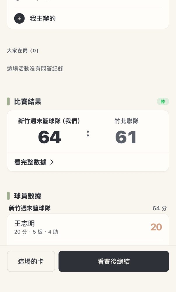 比賽結果：新竹週末籃球隊（我們）64 比 61 竹北聯隊，勝，下面是球員數據
